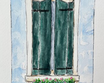 Burano, Italy - Original Watercolor and Ink Painting - Italy Art Venice Ancient Window (6x8 art in 8x10 mat)