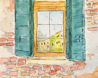 Burano, Italy - Original Watercolor and Ink Painting - Italy Art Venice Ancient Window