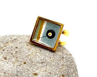 Hand-Painted Teal, Black & Gold Abstract Art Ring | Original Acrylic and Ink | Adjustable