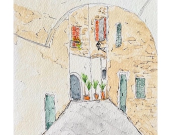 Polignano a Mare, Italy - Original Watercolor and Ink Painting - Italy Art Puglia (6x8 art in 8x10 mat)