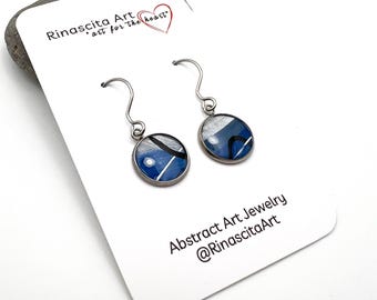 Hand-Painted Blue, Black, White & Silver Abstract Art Earrings | Original Acrylic and Ink Resin Jewelry