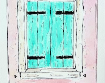 Burano, Italy - Original Watercolor and Ink Painting - Italy Art Venice Ancient Window (6x8 art in 8x10 mat)