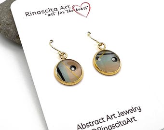 Hand-Painted Peach, Teal, & Gold Abstract Art Earrings | Original Acrylic Ink Resin Jewelry