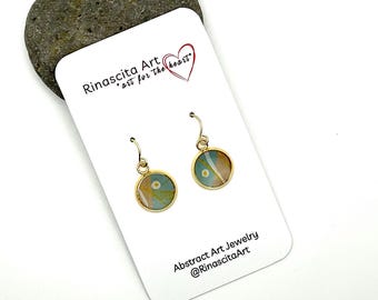 Hand-Painted Peach, Teal, & Gold Abstract Art Earrings | Original Acrylic Ink Resin Jewelry