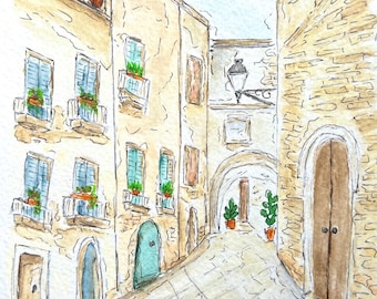 Bari, Italy - Original Watercolor and Ink Painting - Italy Art Puglia (6x8 art in 8x10 mat)
