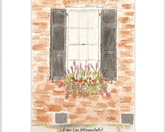 Charleston, South Carolina - Original Watercolor and Ink Painting - Historic Downtown Charleston south artwork Window - 8x10 matted