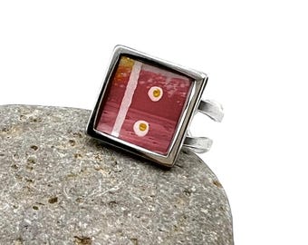 Hand-Painted Pink, White & Silver Abstract Art Ring | Original Acrylic and Ink | Adjustable