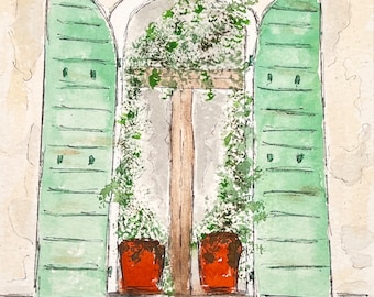 Venice, Italy - Original Watercolor and Ink Painting - Italy artwork Venice art Venezia Italian Window - Unmatted 5x7