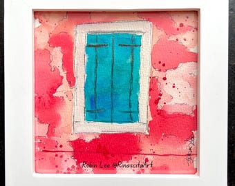 Burano, Italy - Original Watercolor and Ink Painting - Italy Art Venice Ancient Window Mixed Media Italy Lover Gift White Wood Frame