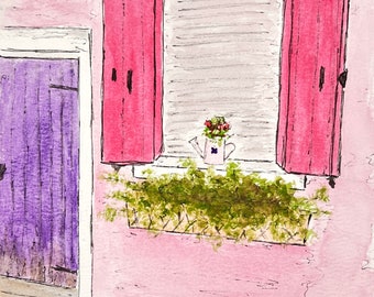 Burano, Venice, Italy - Original Watercolor and Ink Painting - Italy artwork Venice Venezia Italian window door Pink Purple - Unmatted 6x8