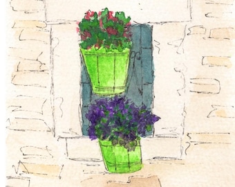 Alberobello, Italy - Original Watercolor and Ink Painting - Italy Art Puglia Flowers (4x6 art in 8x10 mat)