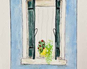 Burano, Italy - Original Watercolor and Ink Painting - Italy Art Venice Ancient Window (6x8 art in 8x10 mat)