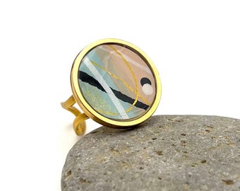 Hand-Painted Peach, Teal, Black, White & Gold Abstract Art Ring | Original Acrylic and Ink | Adjustable