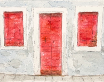 Burano, Venice, Italy - Original Watercolor and Ink Painting - Italy artwork Venice art window doorway - Unmatted