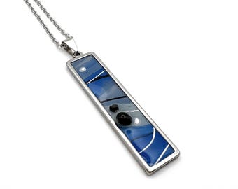 Hand-Painted Blue, Black and White Abstract Art Necklace | Original Acrylic and Ink Pendant - 24" Steel Chain
