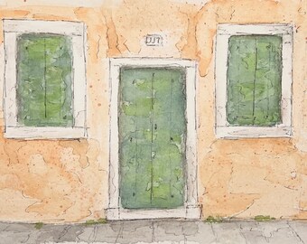 Burano, Venice, Italy - Original Watercolor and Ink Painting - Italy artwork Venice art window doorway - Unmatted