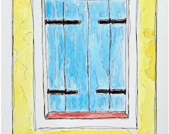 Burano, Italy - Original Watercolor and Ink Painting - Italy Art Venice Ancient Window (6x8 art in 8x10 mat)