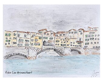 Ponte Vecchio Bridge Florence, Italy - Original Watercolor and Ink - White Mat Italy Art Tuscany Watercolor Ink Painting