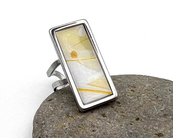 Hand-Painted Gold & White Abstract Art Ring | Original Acrylic and Ink | Adjustable