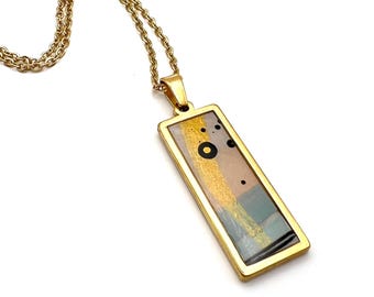 Hand-Painted Abstract Art Necklace | Peach, Teal & Gold Resin Pendant - 18" Chain