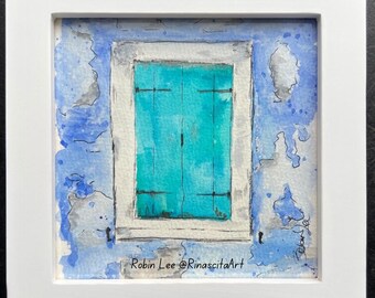 Burano, Italy - Original Watercolor and Ink Painting - Italy Art Venice Ancient Window Mixed Media Italy Lover Gift White Wood Frame