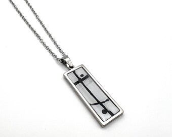 Hand-Painted Black and White Abstract Art Necklace | Original Acrylic and Ink Pendant - 18" Steel Chain