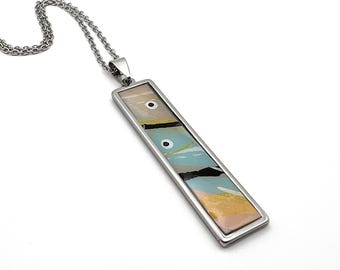 Hand-Painted Peach, Teal & Gold Abstract Art Necklace | Original Acrylic and Ink Pendant - 24" Steel Chain