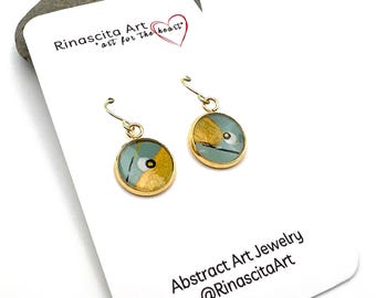 Hand-Painted Teal & Gold Abstract Art Earrings | Original Acrylic and Ink Resin Jewelry | One-of-a-Kind Wearable Art | Gift for Art Lovers
