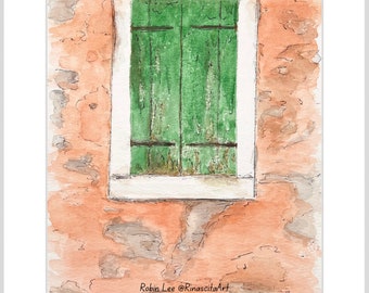 Burano, Venice, Italy - Original Watercolor and Ink Painting - Italy artwork Venice Venezia Italian art window - Unmatted 6x8