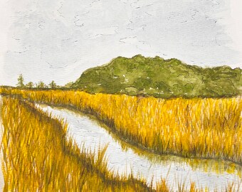 Charleston Waterway, South Carolina - Original Watercolor and Ink Painting - Historic Charleston Water Shem Creek Marsh - Unmatted 8x8