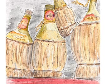 Florence, Italy - Original Watercolor and Ink Painting - Italy Art Tuscany Chianti Wine (6x8 art in 8x10 mat)
