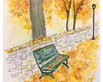 Makrinitsa, Greece - Original Watercolor and Ink Painting - Bench Greece Art Autumn Fall Leaves - Mounted on 8x8 Mat Board