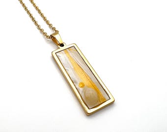 Hand-Painted Abstract Art Necklace | White & Gold Resin Pendant - 18" Chain