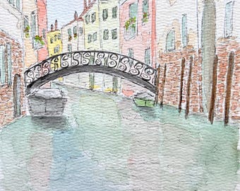 Venice Canal & Bridge Original Watercolor and Ink Painting, Italy Art, 6x8" with 8x10" Mat