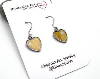 Hand-Painted Gold & White Abstract Heart Art Earrings | Original Acrylic and Ink Resin Jewelry