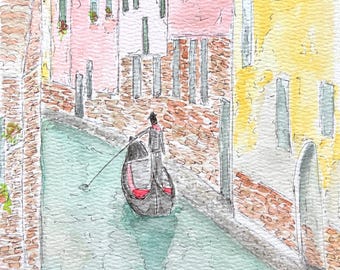 Venice Canal & Gondola Original Watercolor and Ink Painting, Italy Art, 6x8" with 8x10" Mat