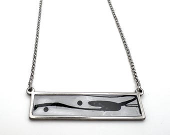 Hand-Painted Black and White Abstract Art Necklace | Original Acrylic and Ink Pendant - 18-20"