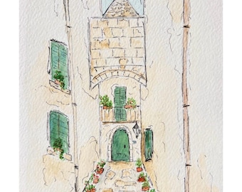 Locorotondo, Italy - Original Watercolor and Ink Painting - Italy Art Puglia (6x8 art in 8x10 mat)