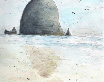 Haystack Rock Cannon Beach, Oregon - Original Watercolor and Ink Painting - Oregon Coast Art 9x12