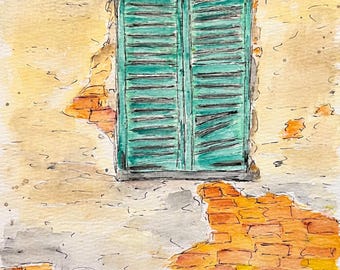 Castiglione d'Asti, Italy - Original Watercolor and Ink Painting - Italy Art Piedmont Asti Ancient Window