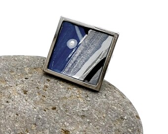 Hand-Painted Blue, Black, White and Silver Abstract Art Ring | Original Acrylic & Ink