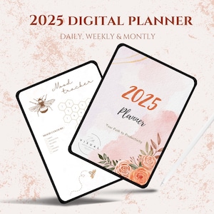 May include: Two digital planners with black borders are displayed, showcasing a 2025 planner. The cover features floral accents and the text "2025 Planner." The second planner displays a mood tracker with a bee illustration. The background is a textured, light pink.