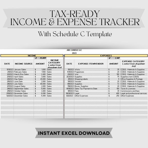 Steuer-Ready-Income & Expense Tracker | Spielplan C Excel Vorlage | Steuerplan für kleine Unternehmen| Einfache Ausgabenverfolgung