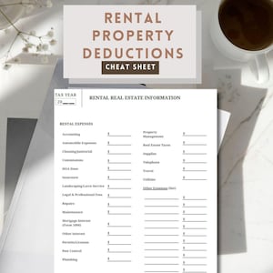 May include: A printable cheat sheet for tracking rental property deductions. The sheet includes sections for rental expenses, such as accounting, automobile expenses, cleaning, and insurance, as well as property management expenses, such as real estate taxes, supplies, and utilities.