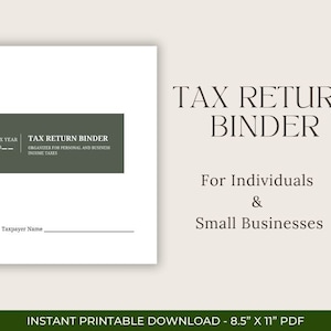 Peut inclure: Reliure de déclaration de revenus imprimable avec une barre de titre verte qui indique "Reliure de déclaration de revenus" et "Organiseur pour les impôts sur le revenu des particuliers et des entreprises". Le texte "Année d'imposition 20--" est au-dessus de la barre de titre. Le texte "Nom du contribuable" est sous la barre de titre. Le texte "Pour les particuliers et les petites entreprises" est en gros caractères sous la barre de titre. Le texte "TÉLÉCHARGEMENT IMPRIMABLE INSTANTANÉ - 8,5" X 11" PDF" est en bas de la page.
