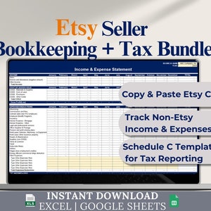 Puede incluir: Paquete digital de contabilidad e impuestos para vendedores de Etsy. La imagen muestra una plantilla de hoja de cálculo de Excel con el texto "Income & Expense Statement". Incluye "Copy & Paste Etsy CSV", "Track Non-Etsy Income & Expenses" y "Schedule C Template".