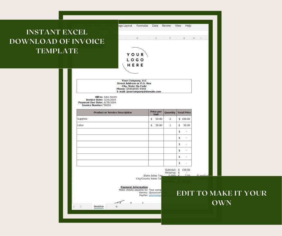 Editable Invoice Template for Excel: Small Business (digital Download ...