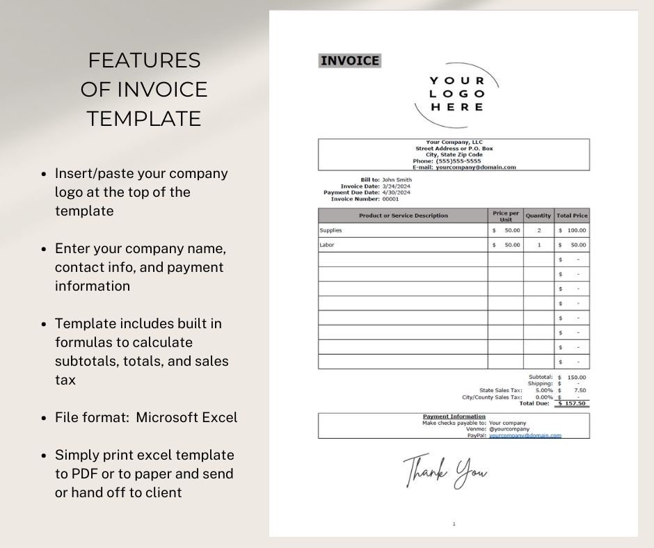 Editable Invoice Template for Excel: Small Business (digital Download ...