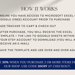 May include: How it works: A white background with black text explaining how to use a digital tracker template. The text includes instructions for accessing the template, downloading it, and saving it for future use. The text also includes a discount offer for purchasing two or more items: Save 30% when you purchase 2 or more items from our shop. Use code 30OFF at checkout.