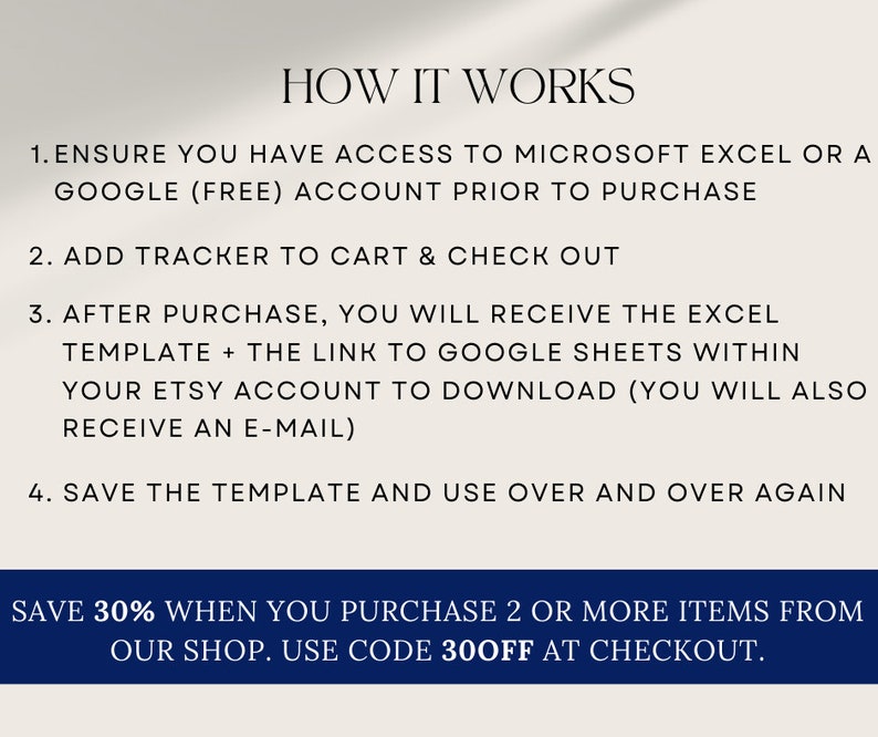 May include: How it works: A white background with black text explaining how to use a digital tracker template. The text includes instructions for accessing the template, downloading it, and saving it for future use. The text also includes a discount offer for purchasing two or more items: Save 30% when you purchase 2 or more items from our shop. Use code 30OFF at checkout.
